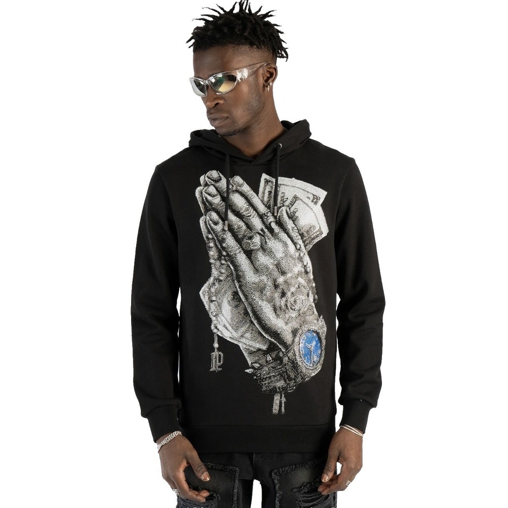 Left Point Men's Black Rhinestone Praying Hands Graphic Hoodie Streetwear